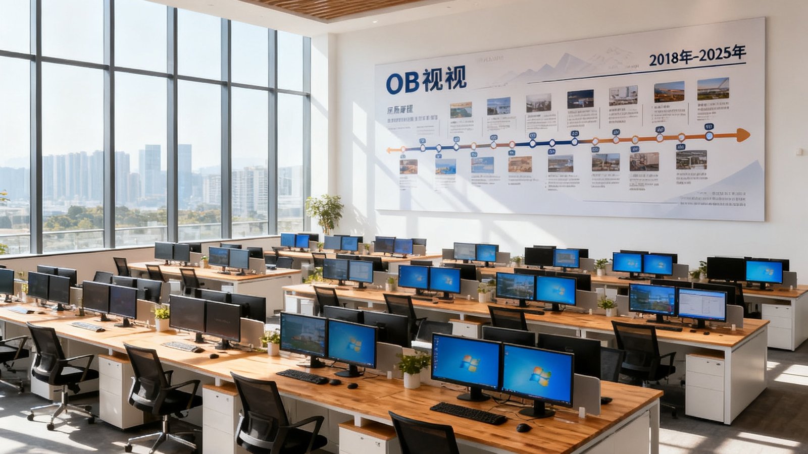 OB视讯深圳总部开放式办公区的全景照片，约两百个工位呈岛屿式布局，每个工位配备双屏显示器，墙面悬挂着巨大的公司发展历程时间轴展板，从2018年到2025年标注了关键里程碑事件，阳光透过落地窗洒在原木色桌面上。