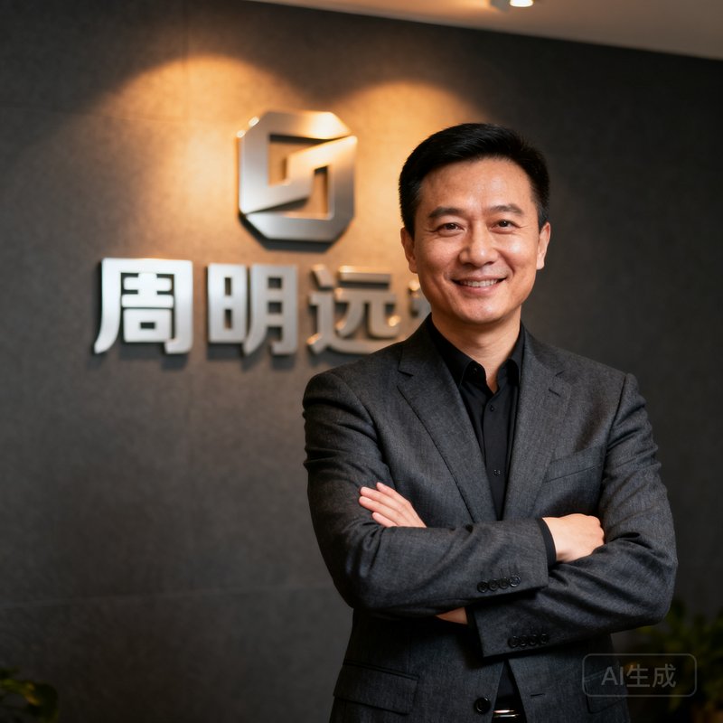 周明远，OB视讯联合创始人兼CEO，四十岁左右的中国男性，身着深灰色商务正装，双臂交叉站立在公司logo墙前，面带自信微笑，眼神坚定。